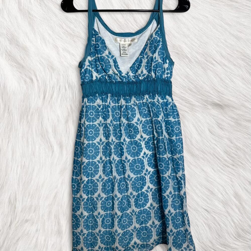 Studio M Y2K Silk Cotton Blue Floral Babydoll Dress S Cottagecore Empire Waist